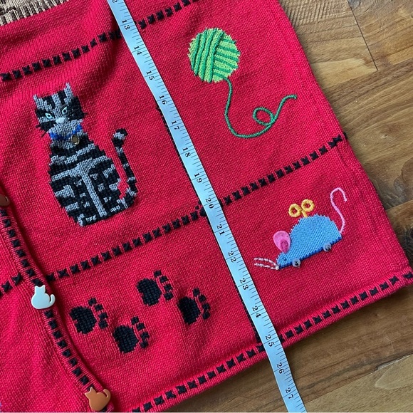 Vintage Marisa Christina Short Sleeve Red Cat Pattern Ramie Cotton Cardigan - Picture 10 of 12